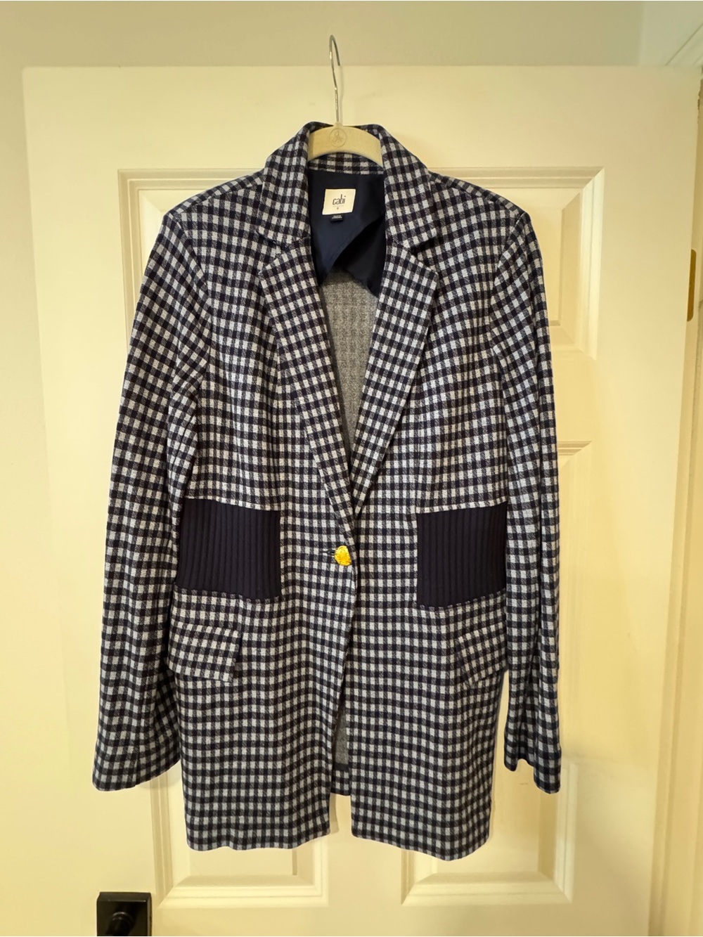 CAbi Navy and chambray Checked Sport Coat Pockets - stretch terry - S